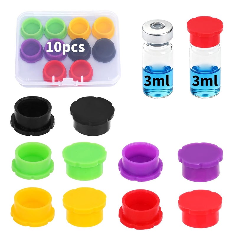 Sinbana 10pcs 3ml Glass Vial Protective Caps, 5 Colors Rubber Leakproof & Reusable Lids Caps Covers for Injection Peptide Vials for Essential Oil Storage & Lab Use - Image 1
